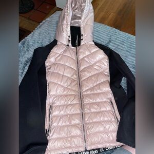 Calvin Klein Pink and Black Hooded Quilted Puffer Jacket